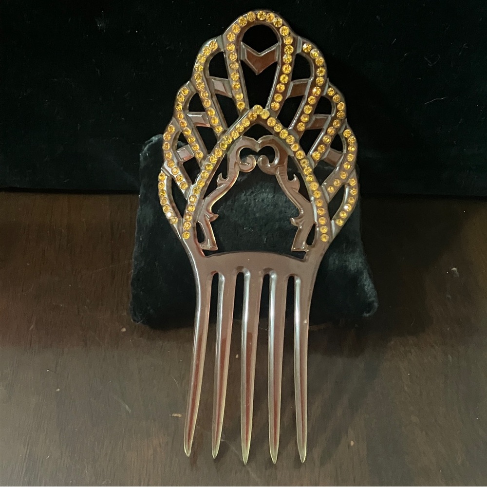 Antique Light Red Celluloid & Amber Rhinestone Hair Comb